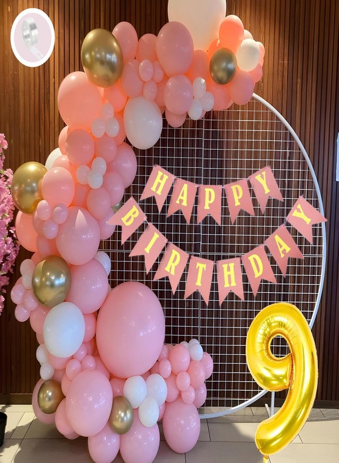Flyloons 9th Birthday Decoration Items Pink and White Theme Combination for Girls Princes | 30 Pcs Pink White Gold Balloons | Pink Happy Birthday Paper Banner | Arch Tape - Image 1